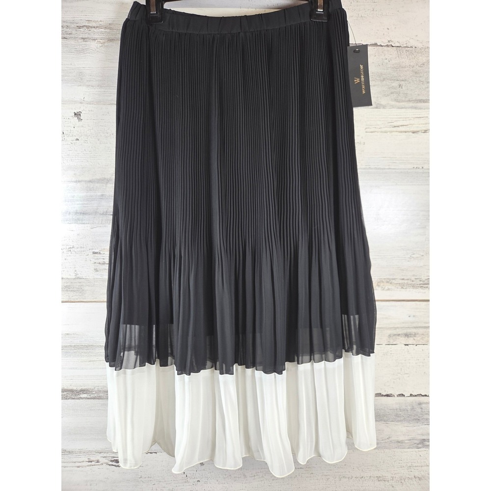 Worthington Pleated Skirt Women Small Black White Colorblock Midi NWT